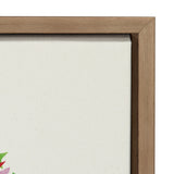 Close-up of a wooden frame corner surrounding a white canvas with a small part of a red and green floral element visible at the bottom left corner