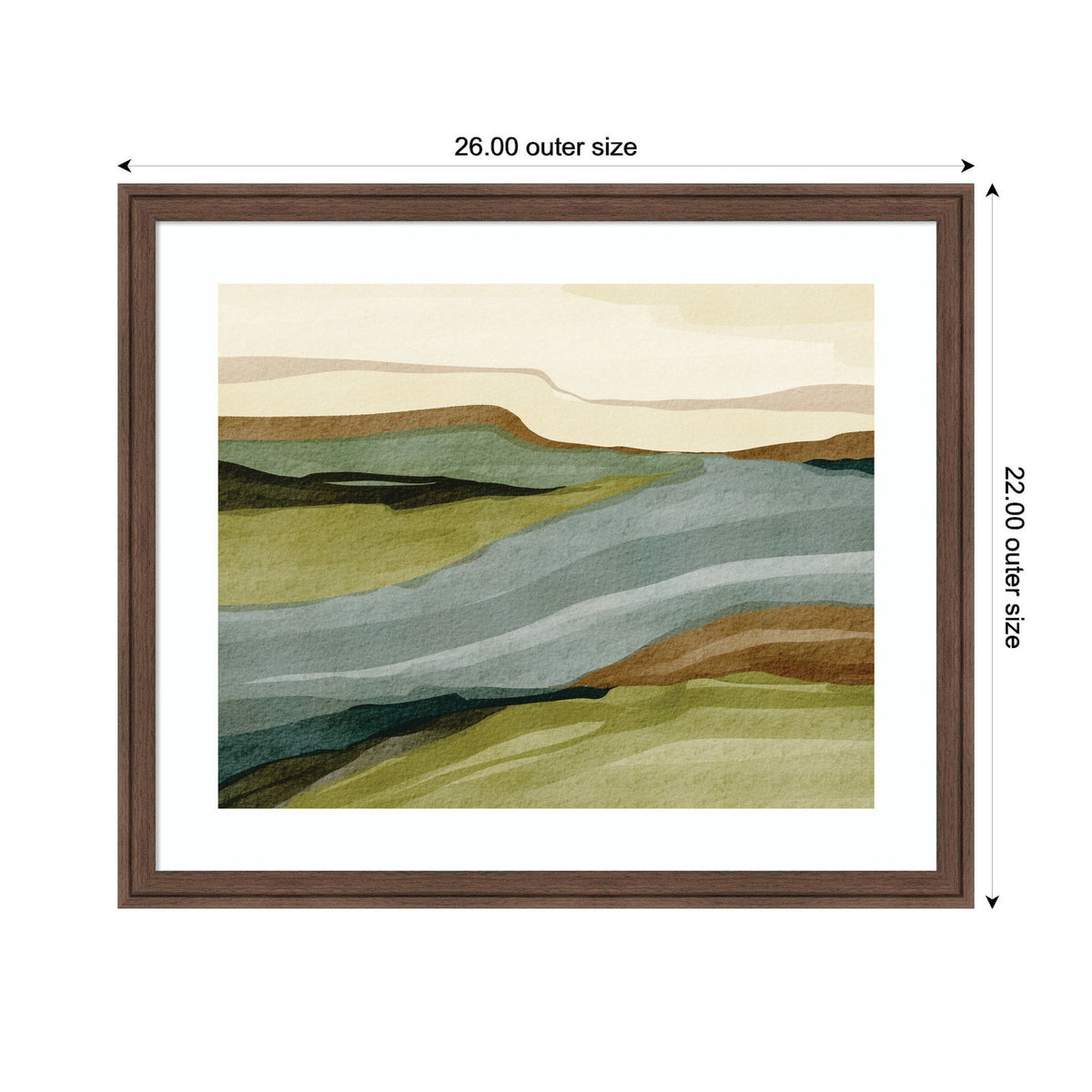 Abstract landscape wall art print with layered hills in shades of green, brown, and gray, framed in dark wood with white matting and outer dimensions 26 by 22 inches.