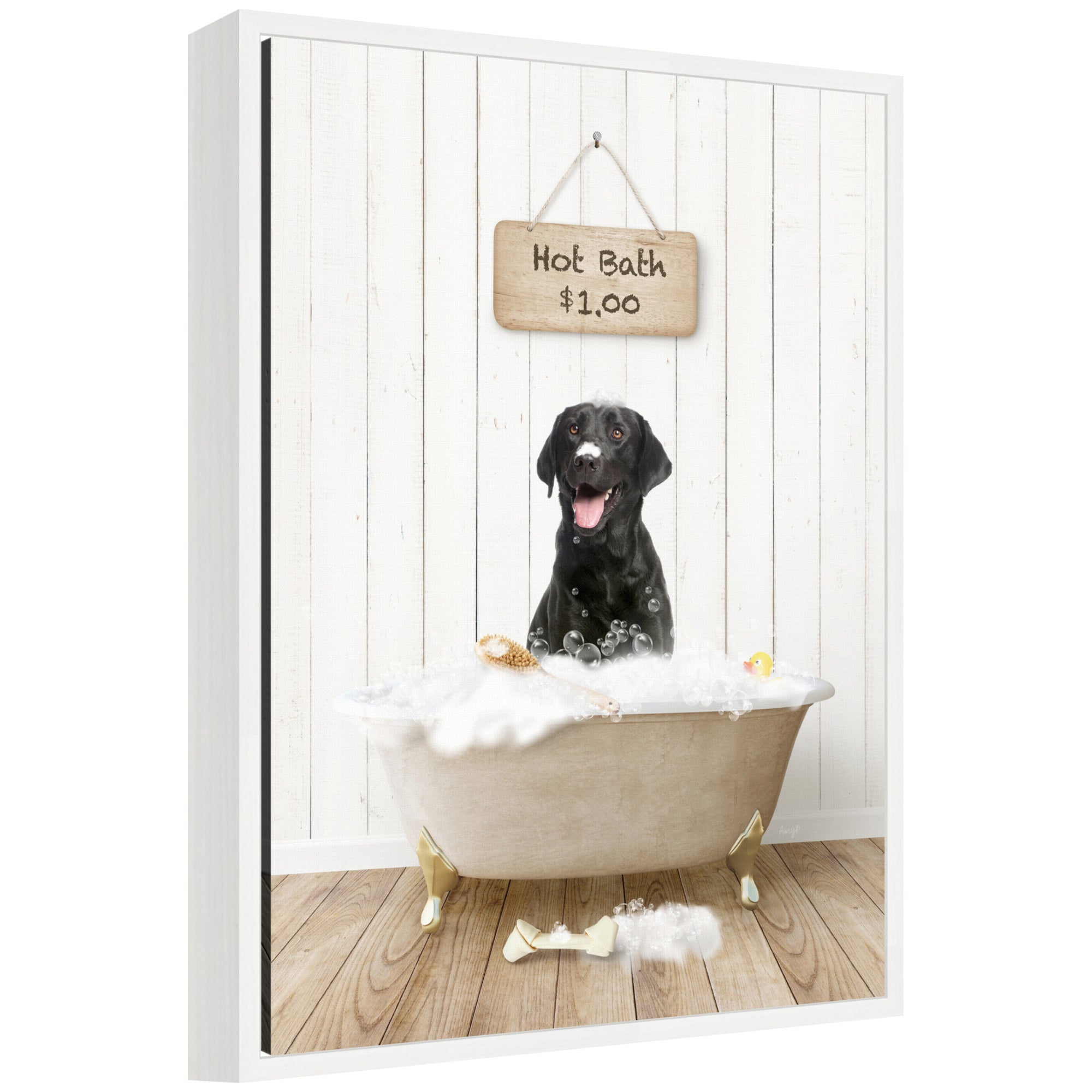 Framed canvas art featuring a black lab in a farmhouse hot bath