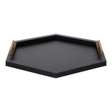 Hexagon-shaped black tray with raised edges and two gold metal handles on opposite sides, shown on a plain white background.