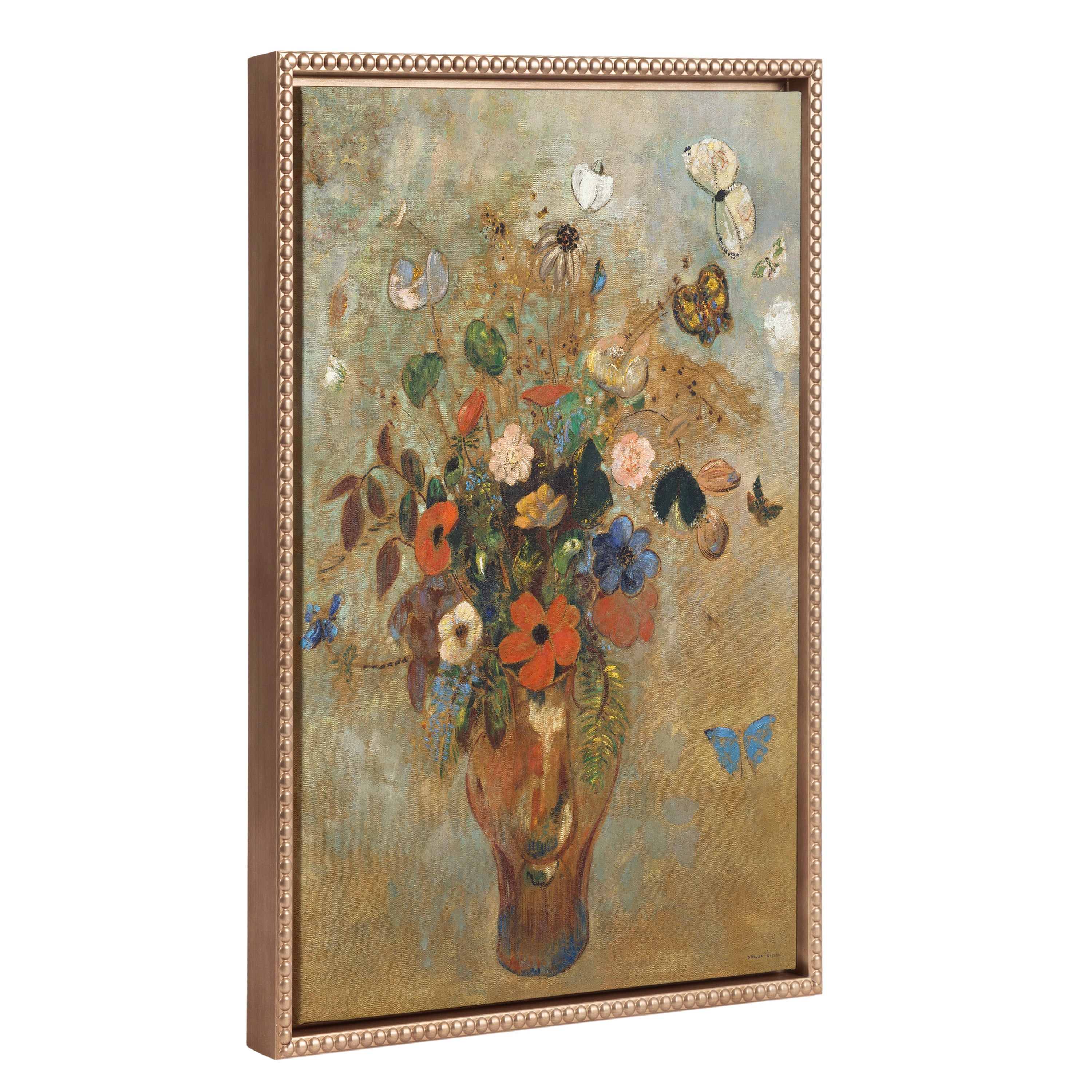Framed canvas print 'Still Life with Flowers' by Odilon Redon showing a floral bouquet in an earthenware vase with vintage beaded frame