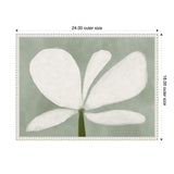 Framed canvas print of a minimalist white flower with five petals on muted green background, measuring 24 by 18 inches, detailing soft brushstroke textures.