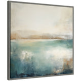 Abstract landscape painting with soft beige and brown horizon above a misty blue and teal lake, framed in a thin gray border.