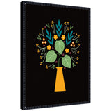 Stylized floral arrangement with large green leaves, teal fronds, and small orange and pink flowers in a simple yellow vase on a black canvas.