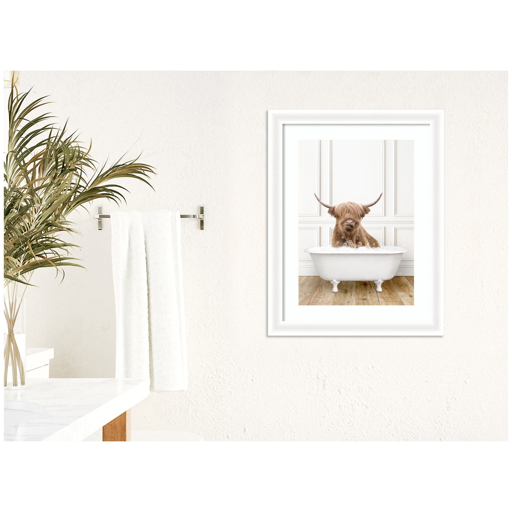 Highland Cow in Traditional Vintage Bathtub by Amy Peterson Framed Wall Art Print