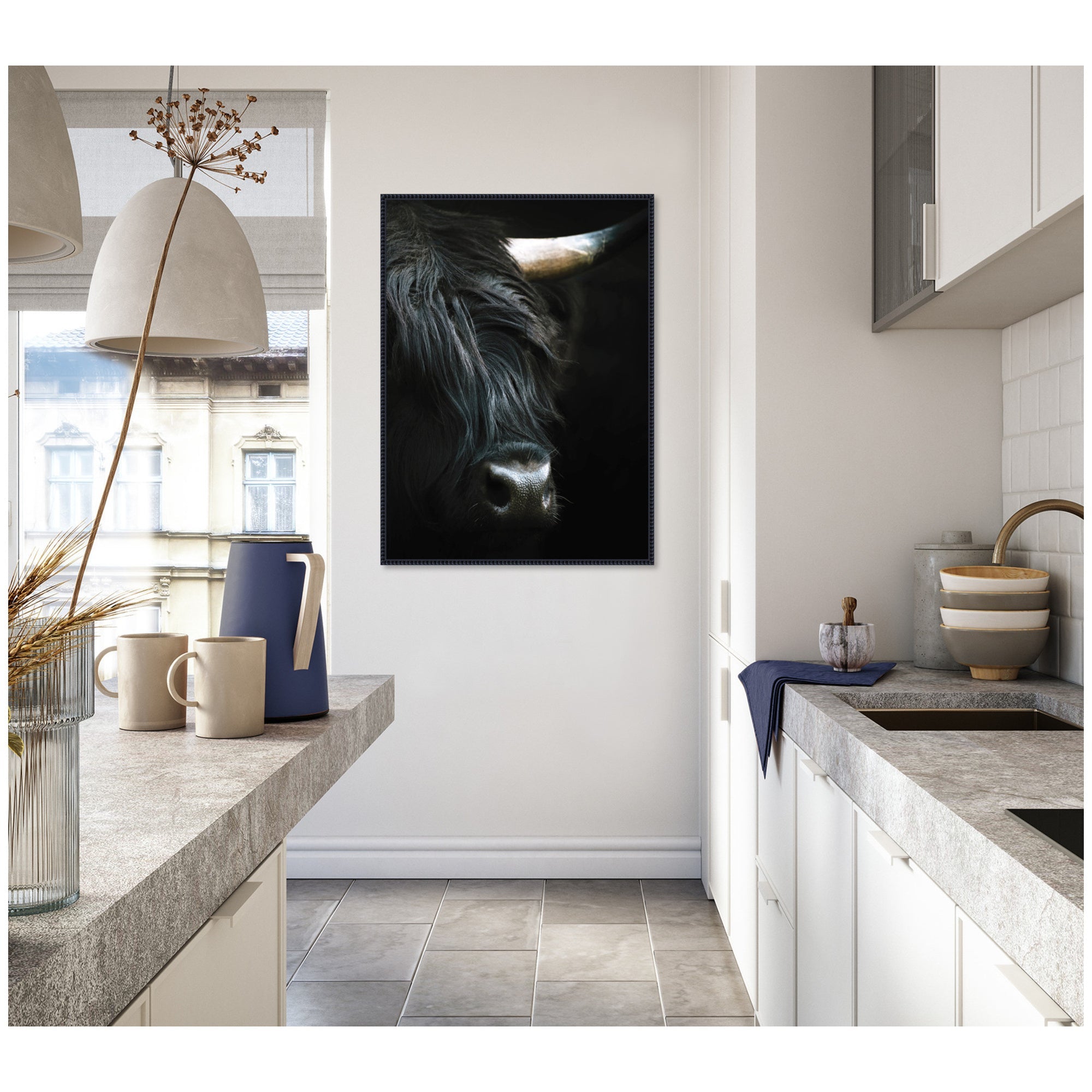 Minimalist Black Highland Cow Closeby Michael Schauer Framed Canvas Wall Art Print