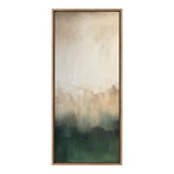 Abstract vertical framed canvas blending soft beige and green tones, evoking misty mountains in a subtle gradient from light top to darker bottom.