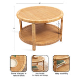 Round two-tier coffee table in natural rattan with woven top and shelf, supported by four vertical rattan-wrapped legs, shown with dimensions and assembly details.