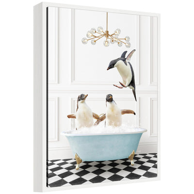 Framed canvas print depicting penguins in a blue bathtub on a black and white checker floor