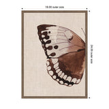 Close-up of a framed watercolor painting of a brown and beige butterfly wing on a neutral burlap textured background.