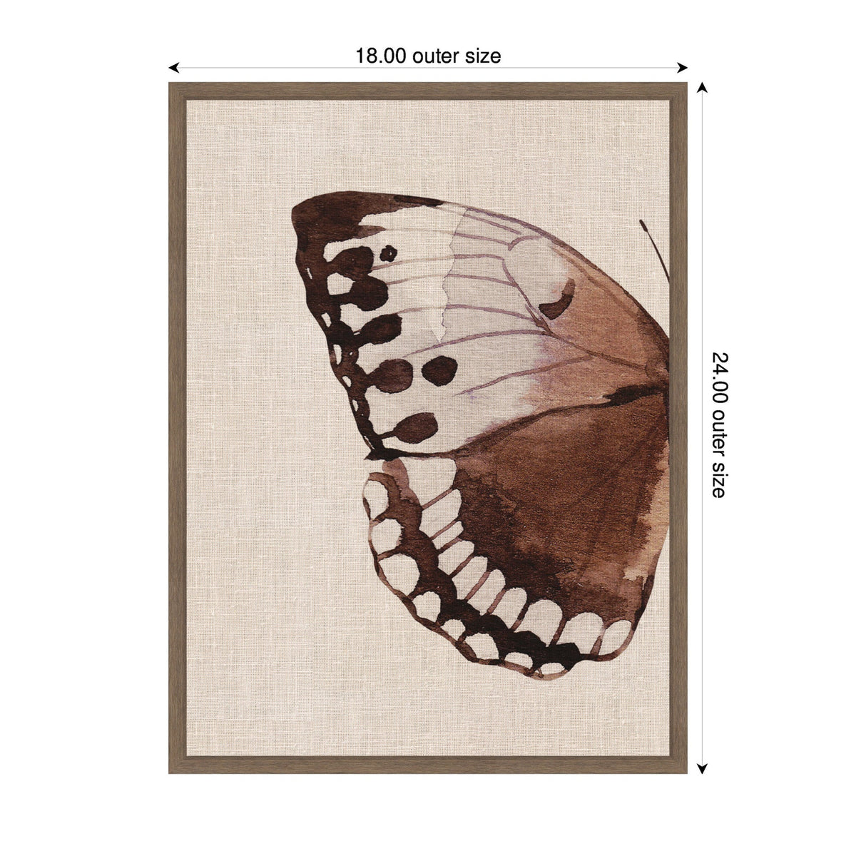 Close-up of a framed watercolor painting of a brown and beige butterfly wing on a neutral burlap textured background.