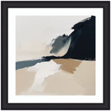 Framed abstract landscape artwork with beige, white, and dark blue tones in Oliver Black Narrow moulding