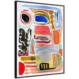 Abstract painting with vibrant shapes including black and white spotted area, bold blue and coral blocks, mustard yellow curves, and various lines on white background, framed in black.