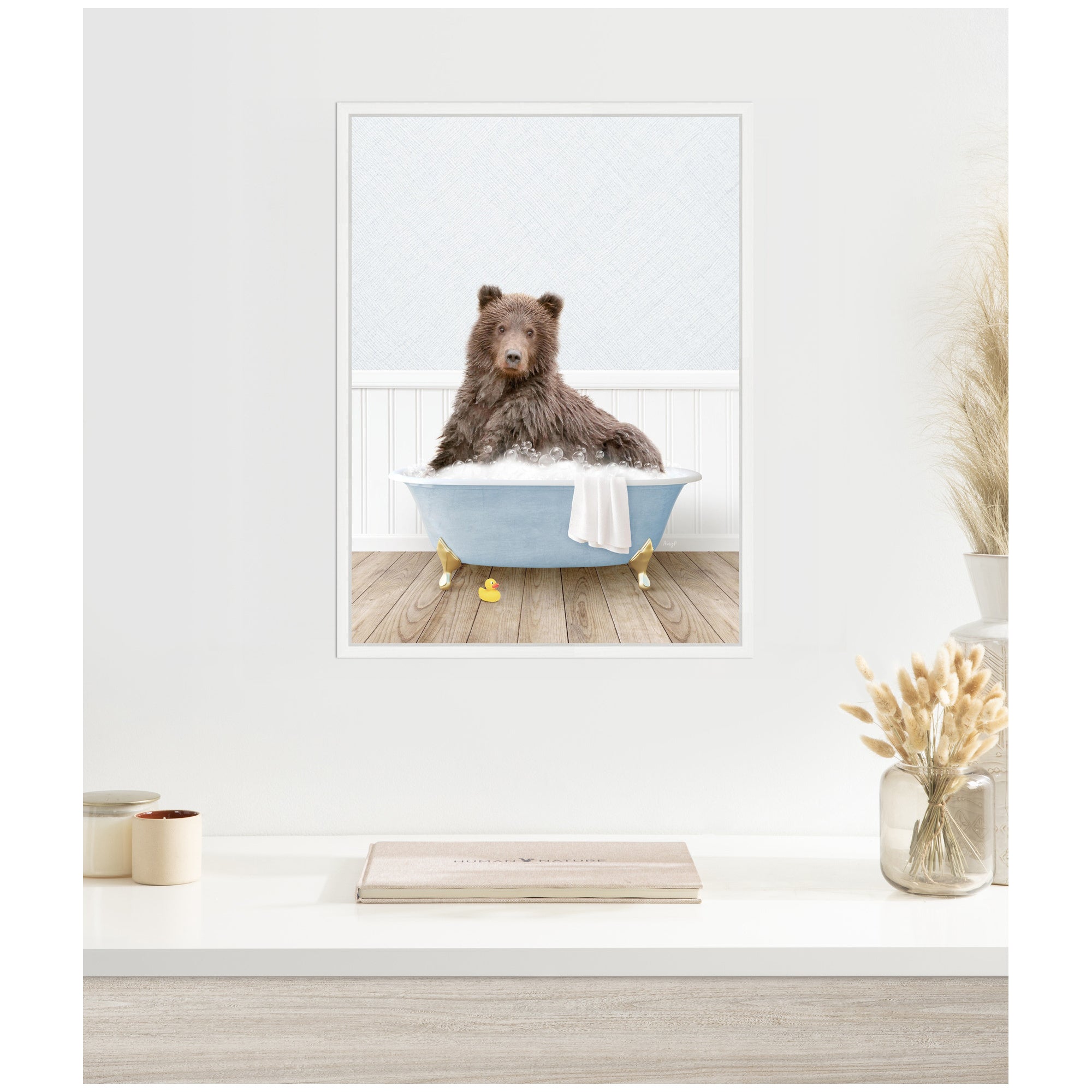 Sylvie Bear in Cottage Blue Bathtub Framed Canvas by Amy Peterson