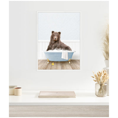 Sylvie Bear in Cottage Blue Bathtub Framed Canvas by Amy Peterson