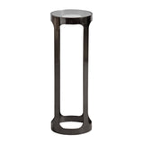 Tall, narrow side table with a round black metal frame and a small circular white top, featuring open sides and a hollow base design.
