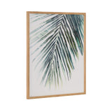 Framed botanical print of green palm leaves with varying shades and soft watercolor texture against a light background, displayed at a slight angle.