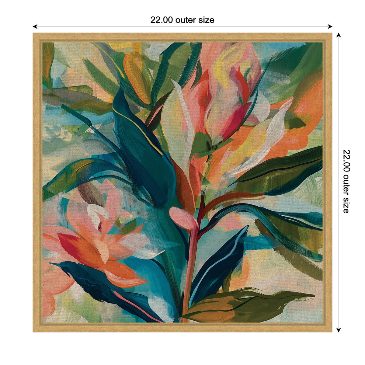 Abstract botanical painting with large tropical leaves in teal, coral, orange, and green tones on a neutral linen background, framed in light wood, 22 by 22 inches.