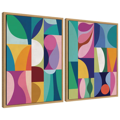Abstract 2 Piece Framed Canvas Wall Art Set by Rachel Lee showing muted geometric shapes in framed canvases