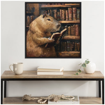 Sylvie Colorful Traditional Capybara Reading in Library Framed Canvas by The Creative Bunch Studio
