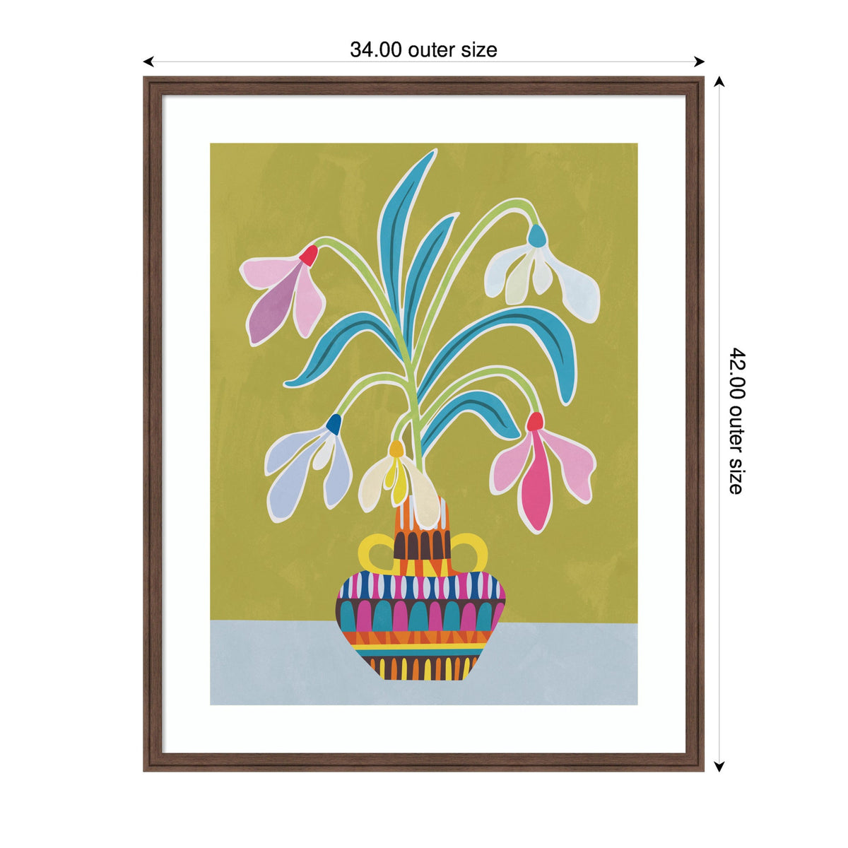 Framed stylized artwork showing a multicolored vase holding blue, white, yellow, and pink snowdrop flowers against an olive green background.