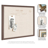 Rectangular vintage-style linen pinboard with brown wooden frame, displaying two black-and-white photos pinned on its fabric surface.