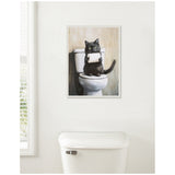 Painting of a black cat sitting on a toilet holding a roll of toilet paper, with a cream-colored wall background and a white toilet tank below.