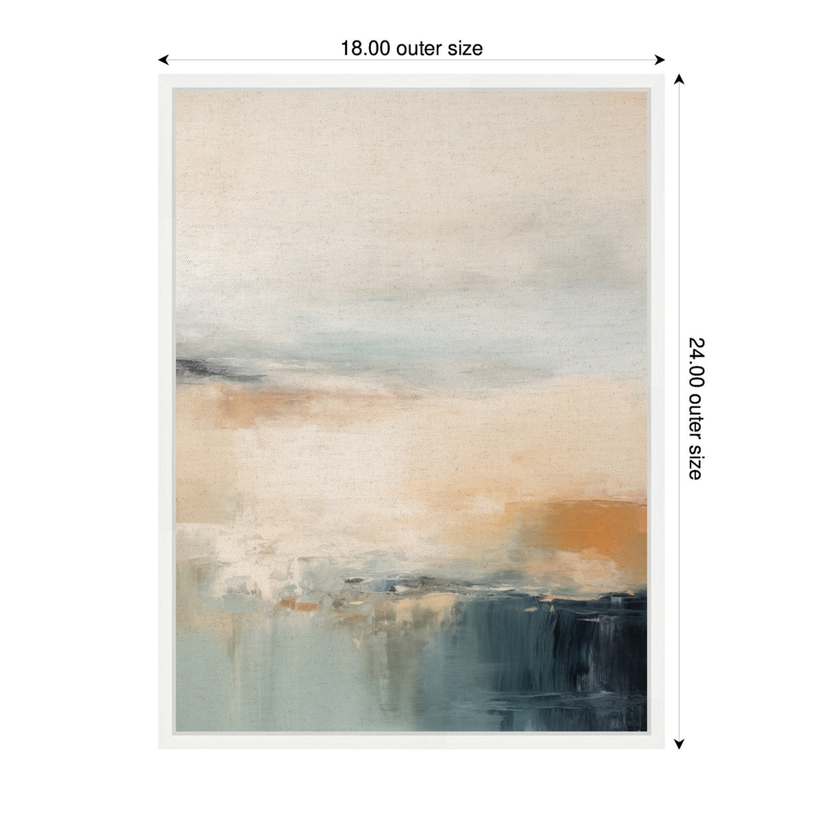 Abstract coastal painting with muted beige, light blue, and soft orange blending, featuring dark gray and teal brushstrokes at the bottom, framed with white borders.