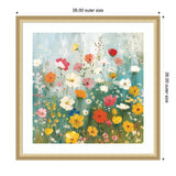 Square framed print of a colorful wildflower garden with red, yellow, pink, and white flowers set against a soft blue and green background.