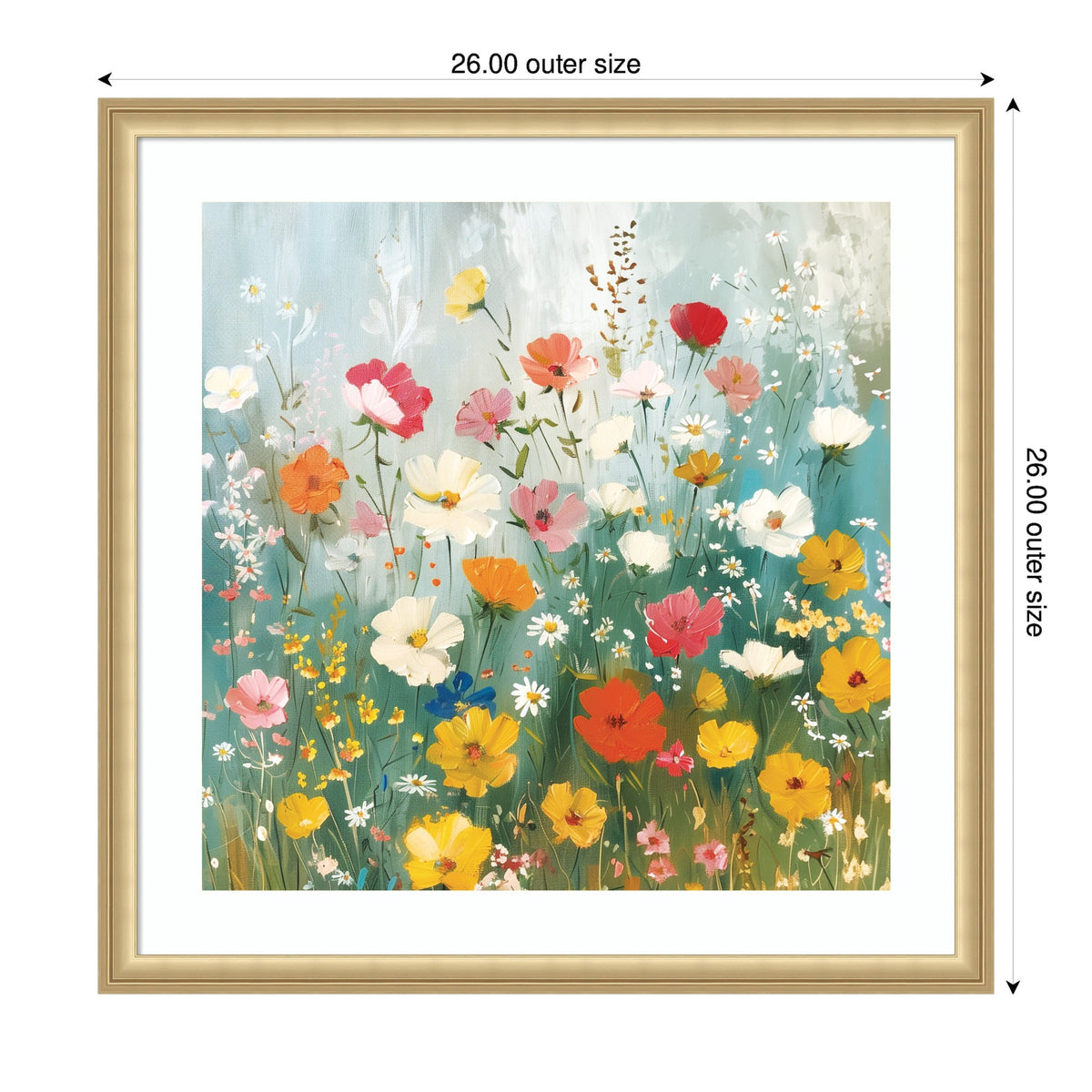 Square framed print of a colorful wildflower garden with red, yellow, pink, and white flowers set against a soft blue and green background.
