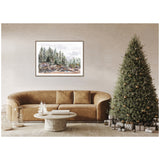 Living room with a framed landscape painting of pine trees on rocky shore above a curved tan sofa, alongside a decorated Christmas tree with gold ornaments and wrapped gifts.