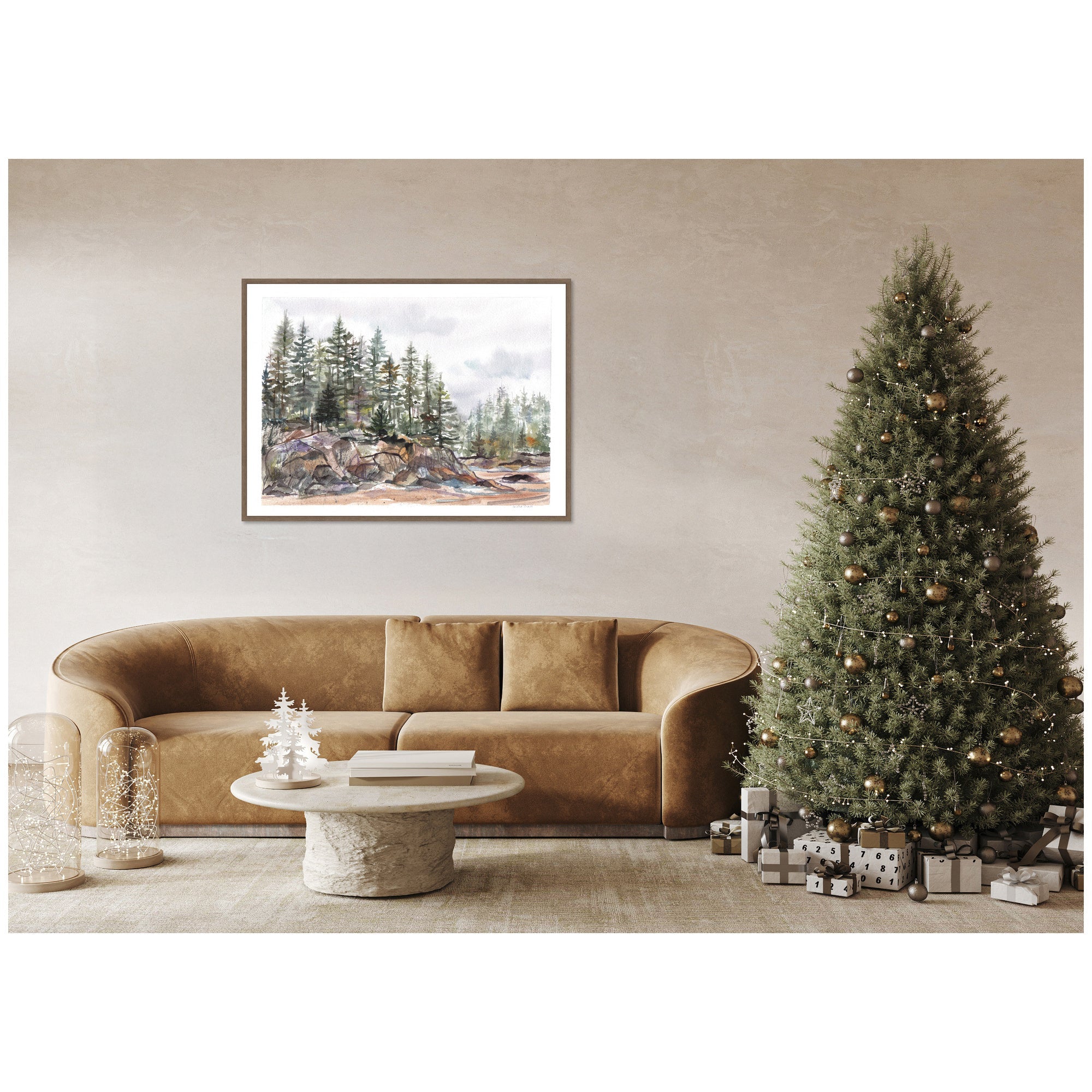 Sylvie Framed Canvas Pine Trees on Rocky Coast by Patricia Shaw
