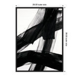 Abstract black brushstrokes crossing on a white canvas with a thin black frame, dimensioned 28 by 38 inches outer size