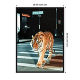 Tiger walking across a city street at night, illuminated by streetlights with visible crosswalk lines and dark urban background.