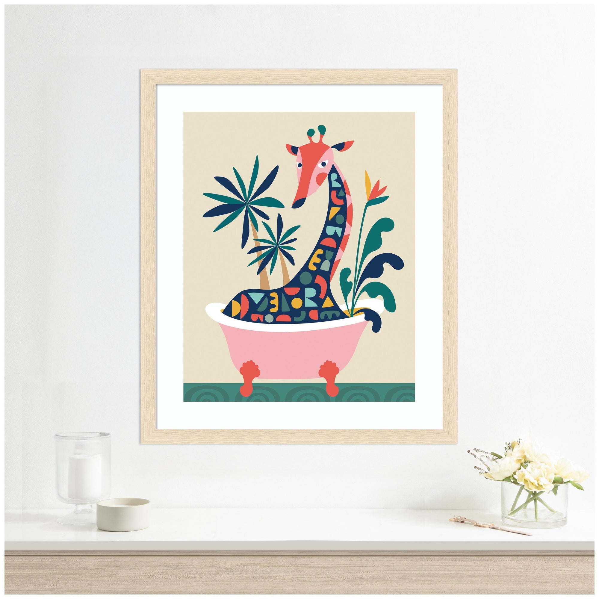Framed Art Mid Century Modern Giraffe in Bathtub by Rachel Lee
