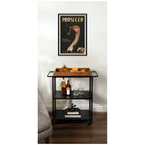 Framed art print of an ostrich smoking a pipe with 'PROSECCO' text above, hanging on a white wall above a black three-tier drinks cart with wooden tray and glassware.