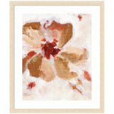 Abstract painting of a brown blossom with painterly brushstrokes in shades of brown and red on a white background, framed with a light wood frame.