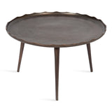 Round dark bronze coffee table with fluted edges and three slender tapered legs, shown against a white background.