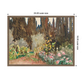 Impressionistic painting of a garden with tall dark trees in the background and colorful flowers and greenery in the foreground, framed with wood-like border and dimensions marked.