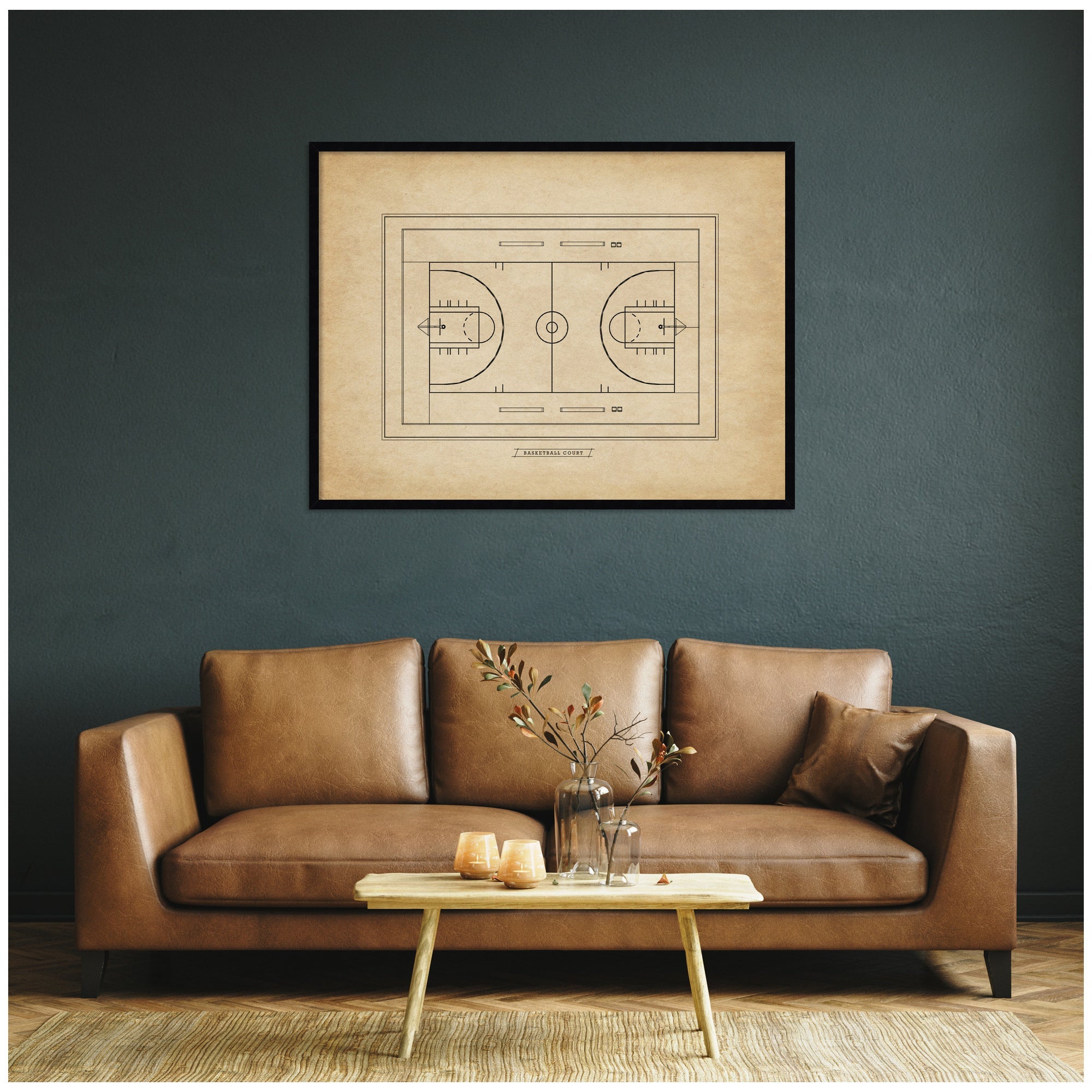 Vintage Sports Basketball Court Diagram Horizontal by The Creative Bunch Studio Framed Wall Art Print