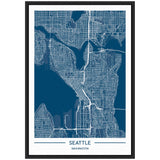 Framed map of Seattle, Washington with white street lines and water bodies on a navy blue background, displayed vertically with city name below.