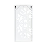 Back view of rectangular white wood wall art panel with ornate carved circular floral pattern and two black metal hanging brackets at top corners.