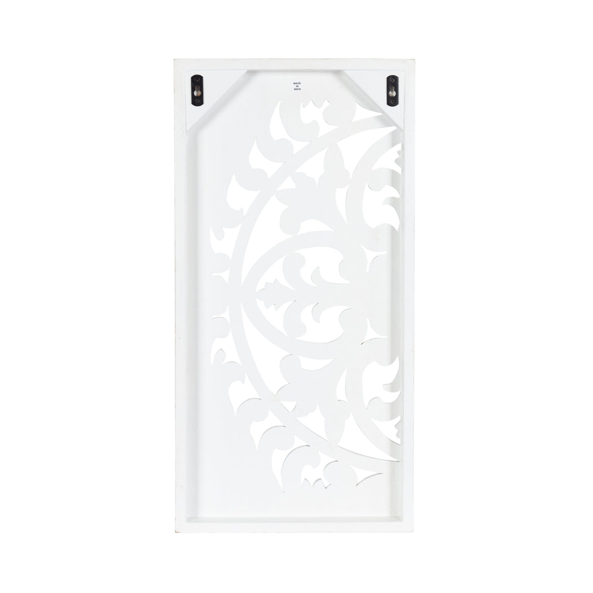 Back view of rectangular white wood wall art panel with ornate carved circular floral pattern and two black metal hanging brackets at top corners.