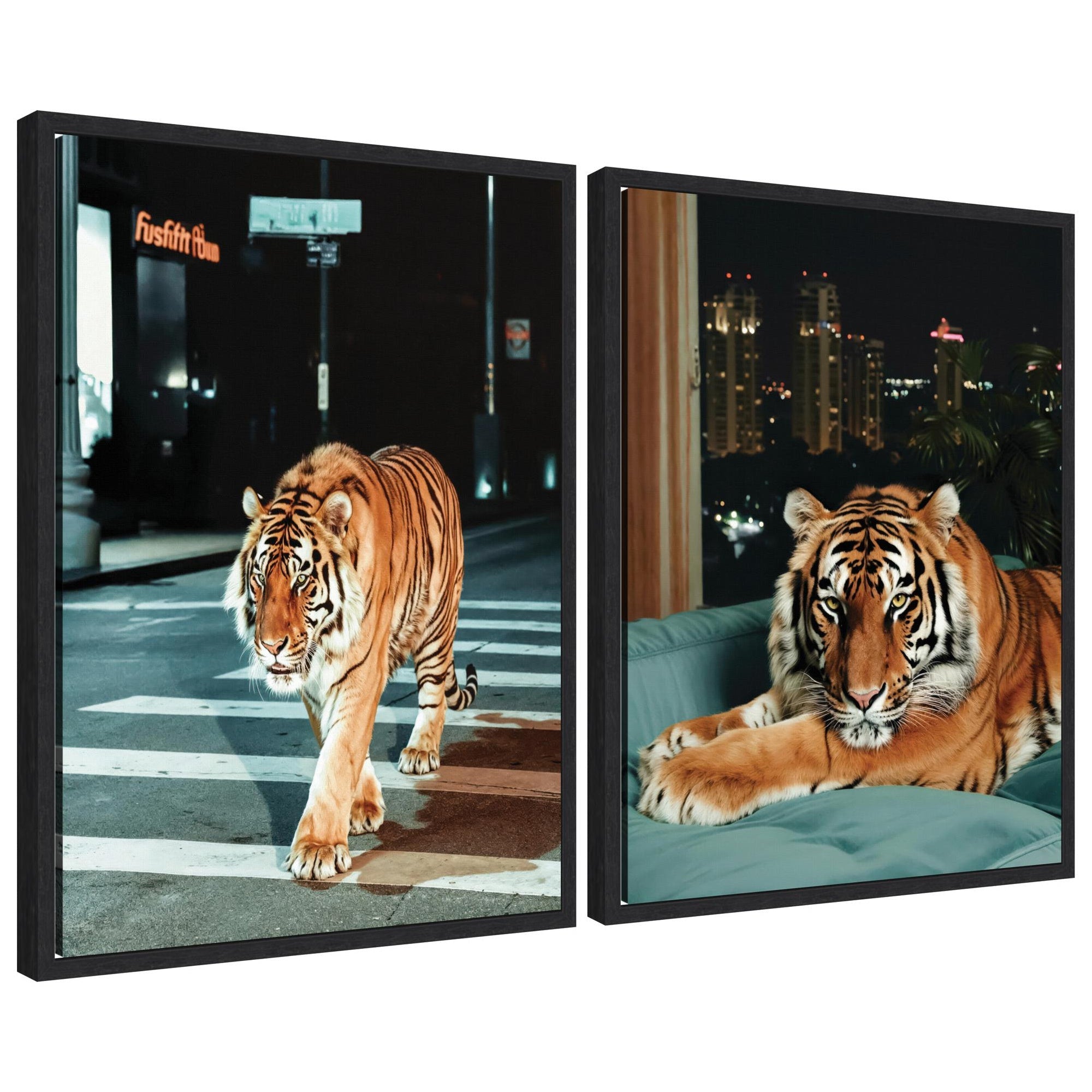 Framed canvas art set featuring a tiger in a city at night, in a modern floating polystyrene frame