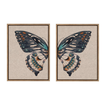 Sylvie Boho Butterfly Watercolor Diptych Neutral Linen Framed Canvas Art Set by The Creative Bunch Studio