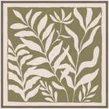 Framed minimalist botanical canvas featuring white leaf silhouettes on olive green background with a neutral linen border, arranged in an organic, flowing pattern.