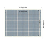 Rectangular pinboard with a light blue plaid fabric grid inside a thin white frame, showing outer dimensions 25 by 19 inches and inner grid size 24 by 18 inches.