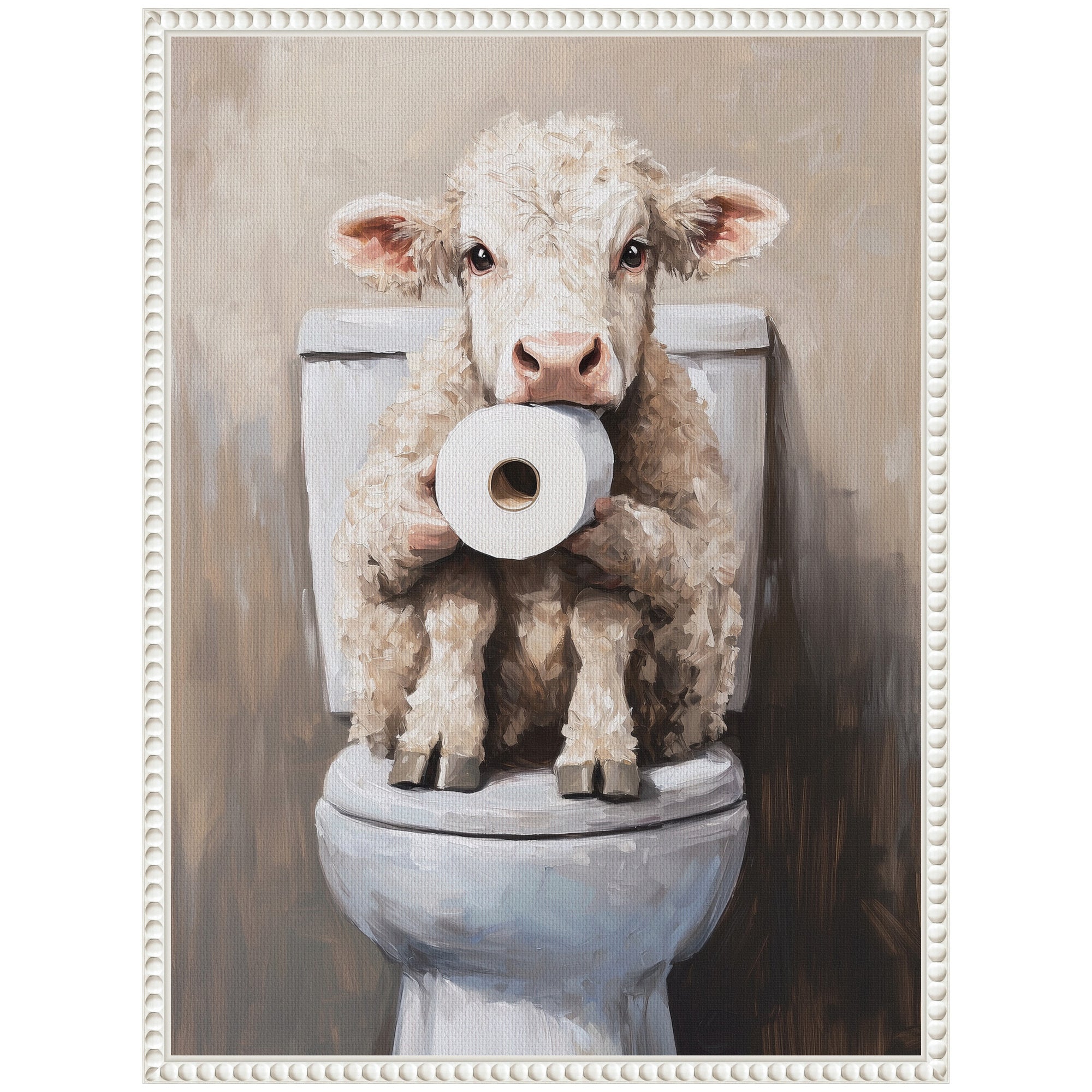 Sylvie Cute Cow Toilet Paper Roll Toilet Bathroom Art Framed Canvas