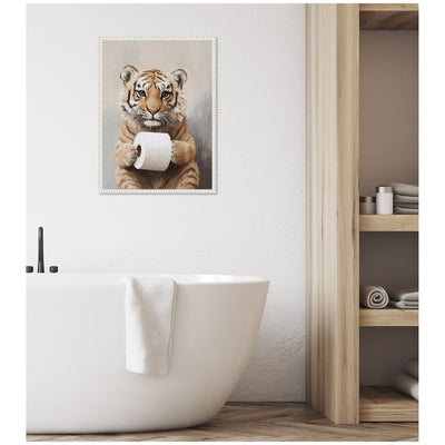 Sylvie Tiger Cub Holding Toilet Paper Roll Bathroom Art Framed Canvas by The Creative Bunch Studio