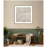 Abstract framed wall art with soft beige and gray lines forming geometric shapes, hanging above a wooden bench with a green cushion and beige throw in a muted green and beige room.